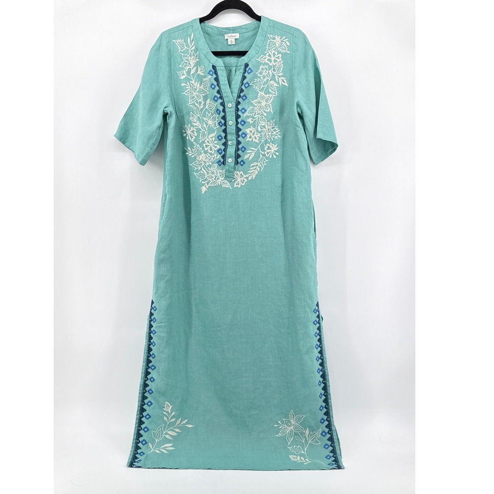 Sundance 100% Linen Embroidered Maxi Dress Small Turquoise Blue Boho Lagenlook
